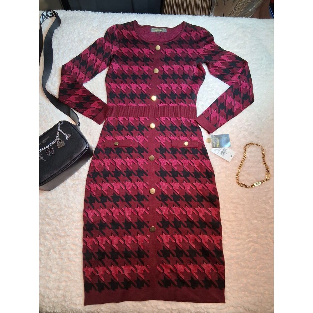 Melonie T Women’s S Burgundy Pink Houndstooth Button Front Sweater Dress NWT
